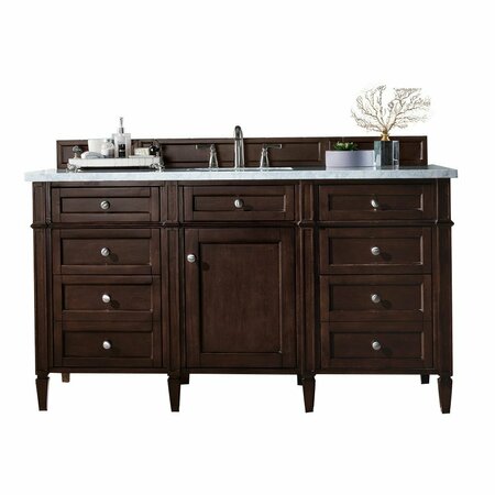 JAMES MARTIN VANITIES Brittany 60in Single Vanity, Burnished Mahogany w/ 3 CM Arctic Fall Solid Surface Top 650-V60S-BNM-3AF